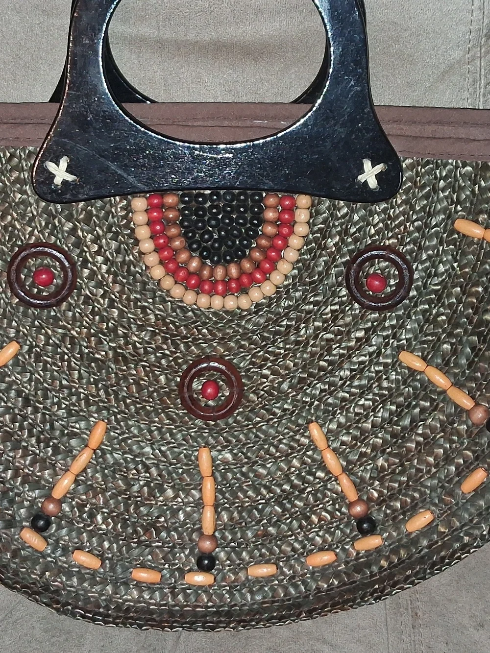 Boho Straw Tote Bag with Black Handle and Multicolor Bead Accents